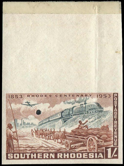 Southern Rhodesia Stamps 1953 : Cecil Rhodes Centenary 1/- Rhodesia Railways 15th Class Beyer-Garratt with Archive Punch